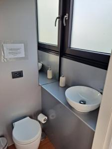 a small bathroom with a toilet and a sink at Floating Experience Black Pearl, Lago Maggiore in Dormelletto