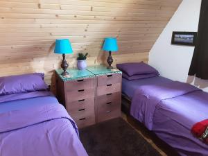 two beds in a room with purple sheets and lamps at MAGIC MOUNTAIN in Žabljak