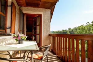 a patio with a table and chairs on a porch at Höra‘s Apartments Hammerbergblick in Münchberg