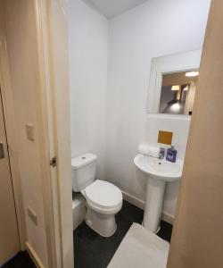 a white bathroom with a toilet and a sink at Charming 1Bed Apt with Street Parking in Liverpool