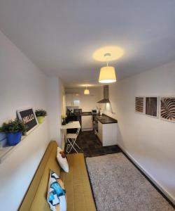 a living room with a couch and a kitchen at Charming 1Bed Apt with Street Parking in Liverpool
