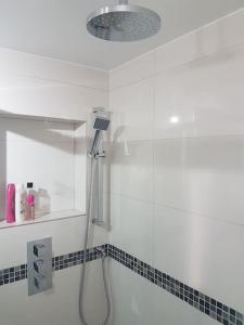 a bathroom with a shower with a shower head at Contemporary ground flr maisonette- Entire place in Northwood