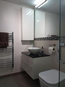 Contemporary ground flr maisonette- Entire place في نورثوود: حمام أبيض مع حوض ومرحاض