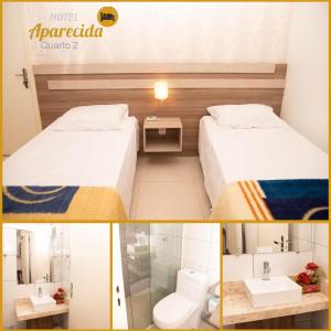 2 Betten in einem Zimmer mit Waschbecken und WC in der Unterkunft HOTEL APARECIDA in Rodeio Bonito