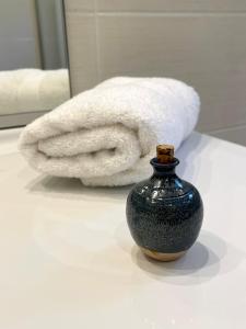 比埃什河畔阿斯普爾的住宿－Villa Caprice à l'orée des bois，浴室内的一个柜台上的毛巾和花瓶