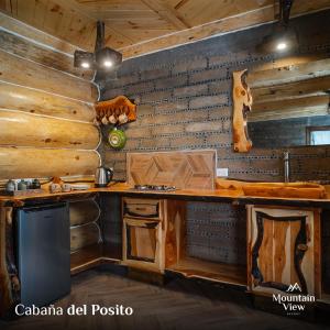 - une cuisine dans une cabine dotée de murs en bois dans l'établissement Mountain View Resort, à Bajío Las Palmas