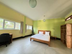 una camera da letto con un letto con pareti verdi e una scrivania di Villa Infinity a Lovina