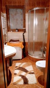 La salle de bains est pourvue d'une douche, de toilettes et d'un tapis. dans l'établissement Enklawa Spokoju, 