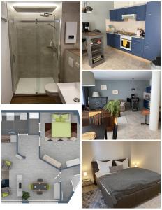 a collage of four pictures of a room at FeWo Roland Ranft direkt am Kurpark Barrierearm 60qm in Bad Elster