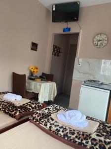 Habitación con 2 camas, mesa y TV. en Dimitris Rooms en Asvestokhórion