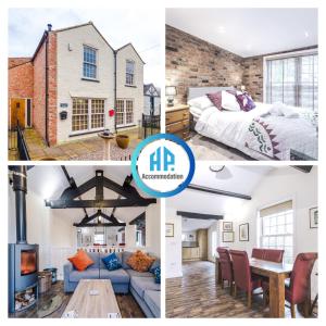 Stunning 4-bedroom Country House with Canal Views in Sandbach by HP Accommodation في ساندباك: ملصق بالصور لغرفة نوم وصالة جلوس