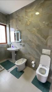 a bathroom with a toilet and a sink at Bujtina ALDOR in Berat