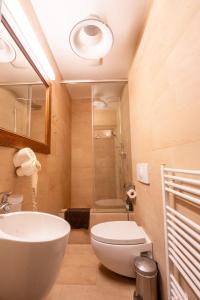 a bathroom with a sink and a toilet and a shower at Traditional Prague Apartment in Prague