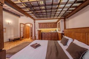 um quarto com uma cama grande e uma cozinha em Traditional Prague Apartment em Praga