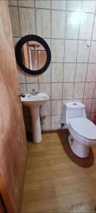 een badkamer met een wastafel, een toilet en een spiegel bij Cabaña Puerto Williams in Puerto Williams