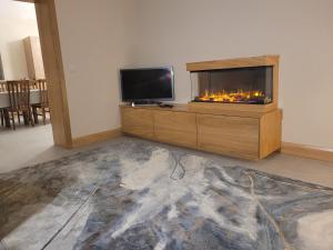 sala de estar con TV y chimenea en Maisie and Bea's cottage en Galway