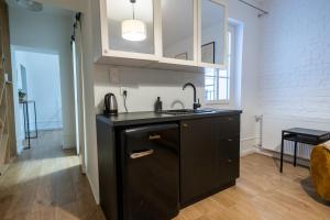 a kitchen with a sink and a black cabinet at Zaciszny Zakątek by Rentoom in Toruń