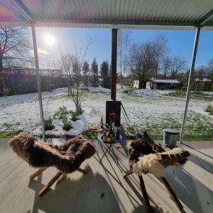 twee knuffeldieren op een tafel met een sneeuwbedekte tuin bij EvaMaria in Varsenare