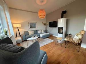 sala de estar con sofá y chimenea en Landhaus Oscar (150m zum Strand) en Westerholz