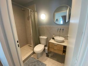 een badkamer met een toilet, een wastafel en een spiegel bij CASA MARU - La Celeste in Vicente López