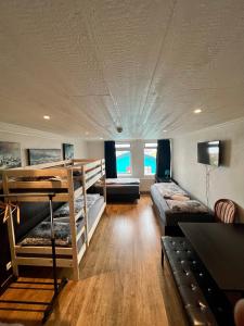 Stokkseyri的住宿－藝術旅舍，一间带双层床和沙发的客厅