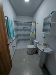 a white bathroom with a toilet and a sink at Cómoda casa de campo in Ibagué