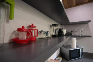 a kitchen counter with a red appliance on a microwave at Gamai Full House Monteverde in Monteverde Costa Rica