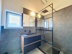 een badkamer met een wastafel en een glazen douche bij Pur Sea vakantiehuis te Middelkerke / Westende in Middelkerke