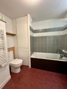La salle de bains est pourvue de toilettes et d'une baignoire. dans l'établissement Aux pieds des pistes, à La Foux