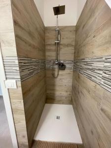 W łazience z drewnianymi ścianami znajduje się prysznic. w obiekcie *Veranda's rooms* - Free parking in central Lugano w mieście Lugano
