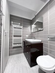 a bathroom with a toilet and a sink and a mirror at Apartament Vivo & Pool access - Free parking in Constanţa +15 photos