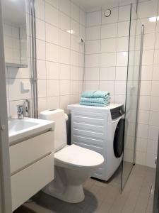 トゥルクにあるPeaceful apartment on Sofiankatu Turku Centerのトイレ、洗面台、シャワー付きのバスルーム