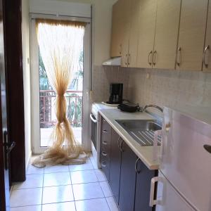 eine Küche mit einem Waschbecken und ein Fenster mit Vorhängen in der Unterkunft STEVE'S HOUSE & ELDI in Edessa