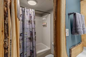 a bathroom with a shower curtain and a tub at Stonegate Lodge King Bed, 2mi to Historic DTWN Salt Water Pool Room #206 in Eureka Springs +14 photos