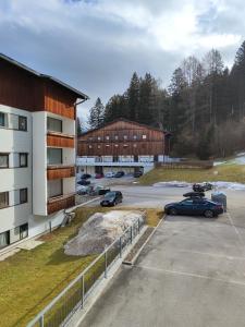 a parking lot with two cars parked in front of a building at Ferienwohnung - Apartment Pichlarn Holiday in Aigen im Ennstal