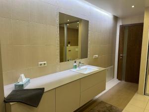 een badkamer met een wastafel en een spiegel bij Apartamentai in Marijampolė