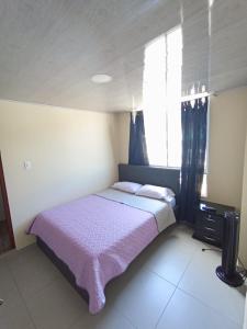een slaapkamer met een bed met een paarse sprei en een raam bij HOTEL EL GRAN CASINO ESMERALDA in Barbosa