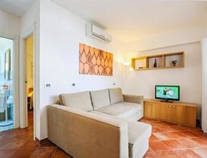 - un salon avec un canapé et une télévision dans l'établissement Schöne Wohnung in Marchesana mit Großer Terrasse, à Pezzi di Gala