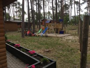 een achtertuin met een speeltuin met een speelplaats bij Domek Dębowy 1 in Lubniewice