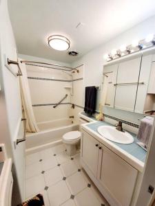 uma casa de banho com um lavatório, um WC e um espelho. em Oceanfront true 2 bedroom w/lanai on Molokai em Ualapue
