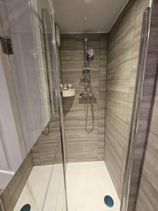 ein Bad mit einer Dusche und einem Waschbecken in der Unterkunft Entire en-suite flat in Windsor home with free parking in Windsor