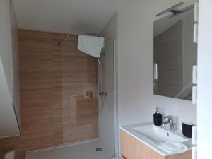 uma casa de banho com um chuveiro e um lavatório. em Les chambres du Haras St Georges em Athesans