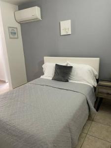 a bedroom with a bed with a gray blanket and pillows at The Perfect Studio in Arecibo