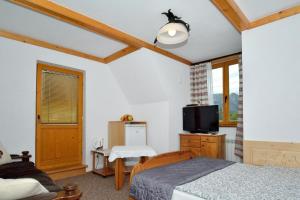 a bedroom with a bed and a tv in it at Willa Świerk - Panorama Tatr in Zakopane