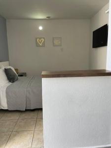 a hotel room with a bed and a counter at The Perfect Studio in Arecibo