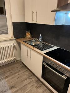 een keuken met een wastafel en een fornuis top oven bij Schöne Ferienwohnung/Pendlerwohnung in Uelzen