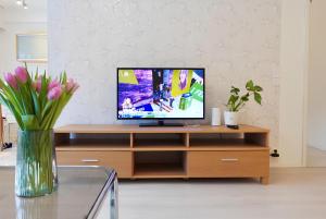 En tv och/eller ett underhållningssystem på Cozy 93m² Townhouse with Large Terrace & Sauna
