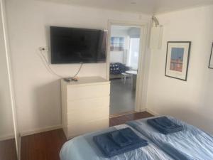 - une chambre avec une télévision à écran plat et un lit dans l'établissement Calm villa-apartement near the sea and nature, à Klagshamn