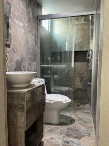uma casa de banho com um WC, um lavatório e um chuveiro em Departamento Punta Blanca em Punta Blanca