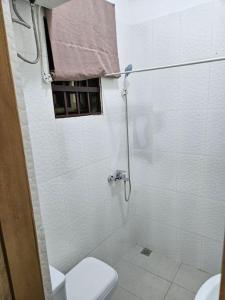 ein weißes Bad mit einer Dusche und einem WC in der Unterkunft Gardens Apartment in Accra